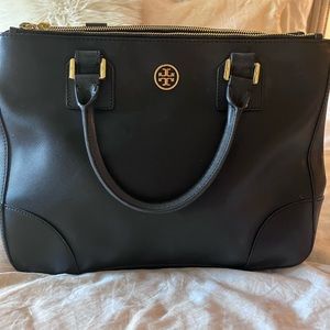 Tory Burch Robinson Pebbled Double Zip Multi Black Leather tote
